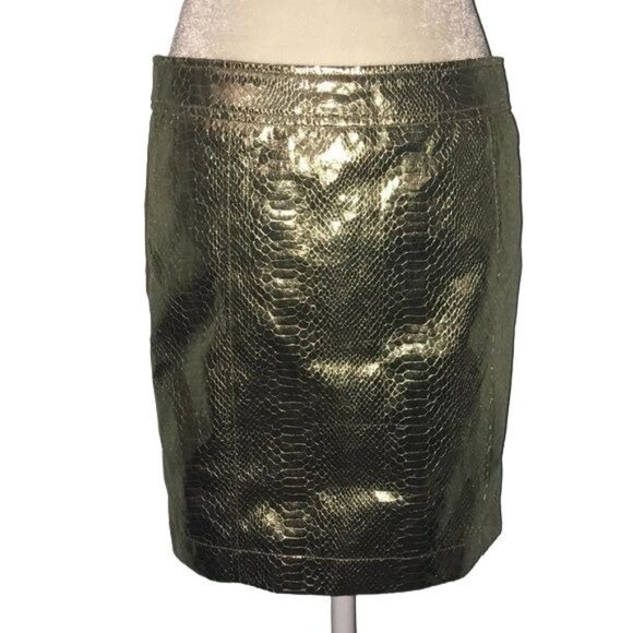 VO Jeans Snake Print Mini Skirt L Gold Polyurethane Front Knit Back Full Zip - Picture 1 of 7